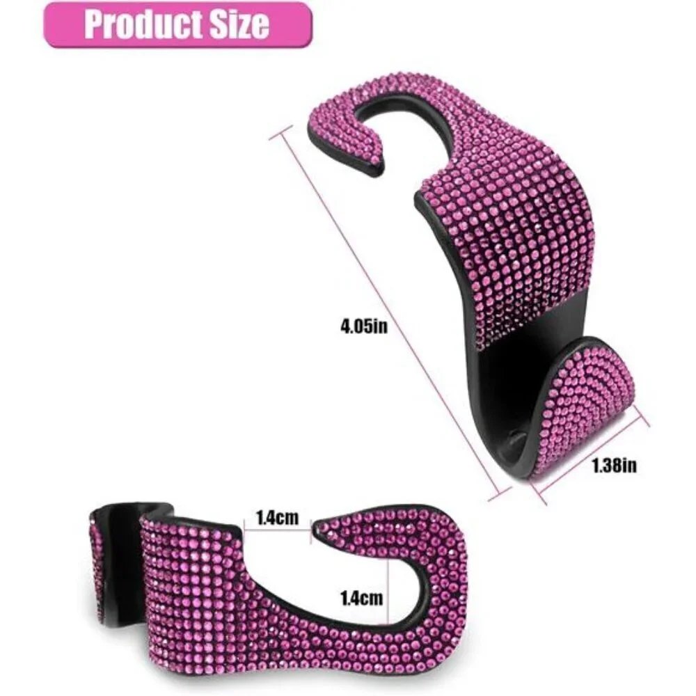 Pink Bling Car Seat Hooks (2 Pack) Bling Rhinestones Crystal Hanger Organizer